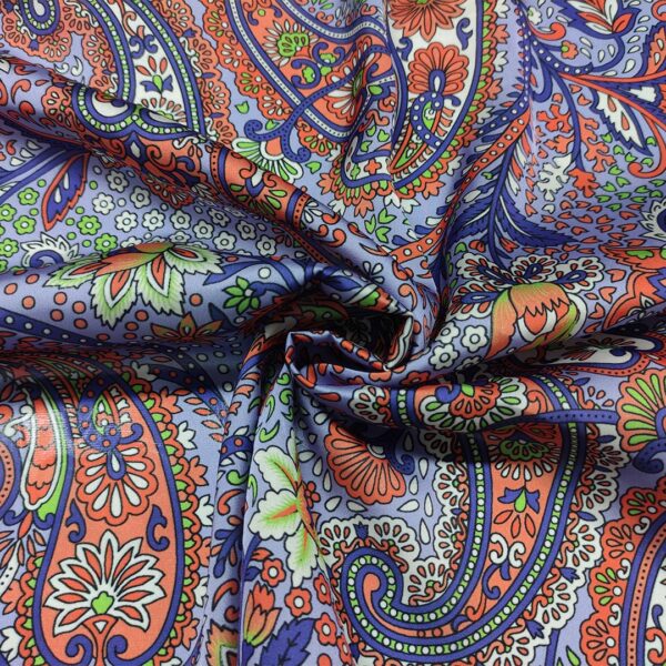 Tessuto Satin a fantasia motivo floreale cashmere blu - verde - arancione