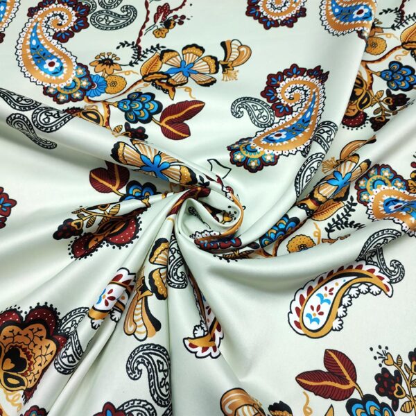 Tessuto Satin a fantasia motivo floreale cashmere panna - ruggine - turchese