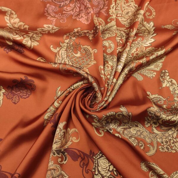 Tessuto Satin a fantasia motivo floreale cashmere terracotta - viola - beige