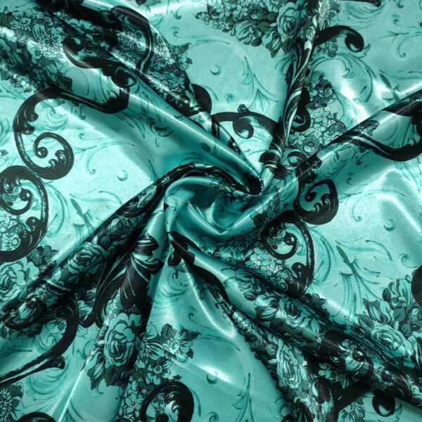 Tessuto Satin a fantasia motivo floreale cashmere verde tiffany - nero
