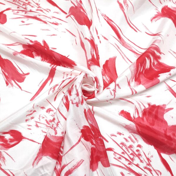Tessuto Satin a fantasia motivo floreale bianco - ciliegia
