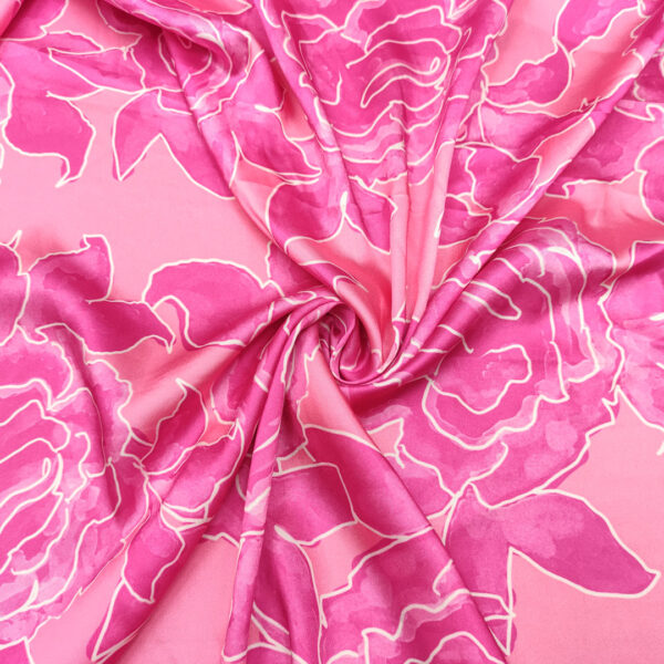 Tessuto Satin a fantasia motivo floreale corallo - fucsia - bainco