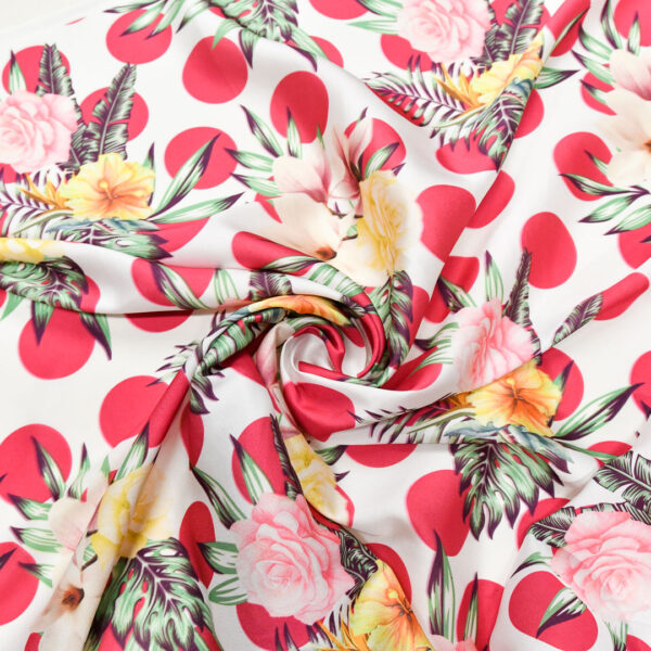 Tessuto Satin a fantasia motivo floreale fucsia - bianco