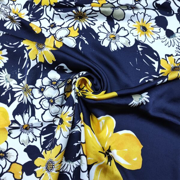 Tessuto Satin a fantasia motivo floreale giallo - bianco - blu