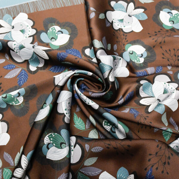Tessuto Satin a fantasia motivo floreale marrone - celeste