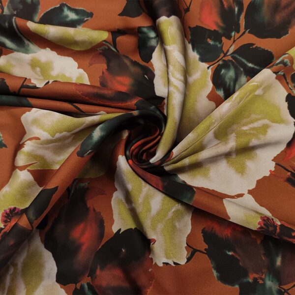 Tessuto Satin a fantasia motivo floreale marrone - verde - arancio