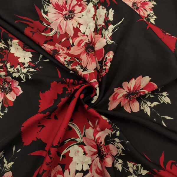 Tessuto Satin a fantasia motivo floreale nero - bordeaux - tortora