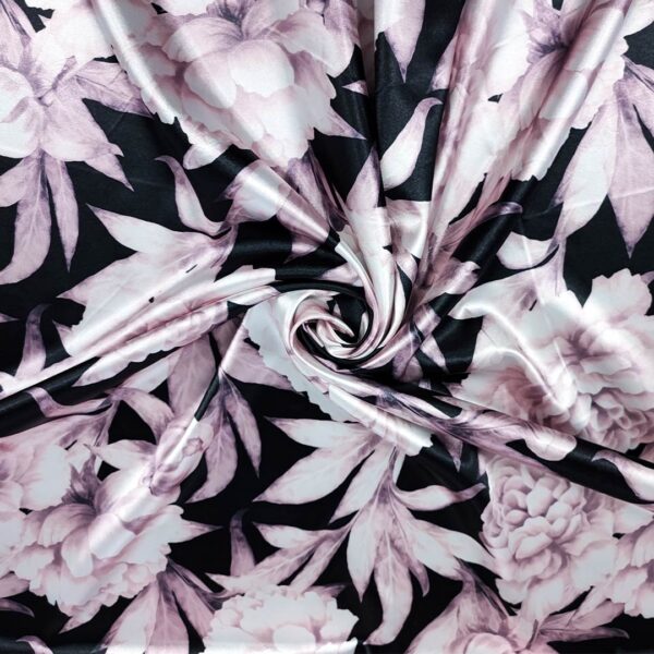 Tessuto Satin elasticizzato a fantasia motivo floreale rosa - nero