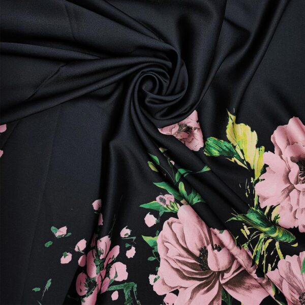 Tessuto Satin a fantasia motivo floreale nero - rosa - verde