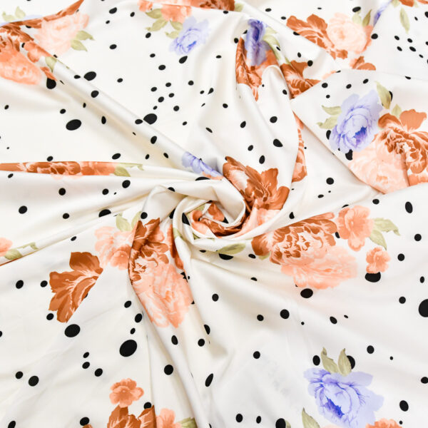 Tessuto Satin a fantasia motivo floreale panna  - lilla