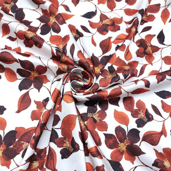 Tessuto Satin a fantasia motivo floreale panna - ruggine