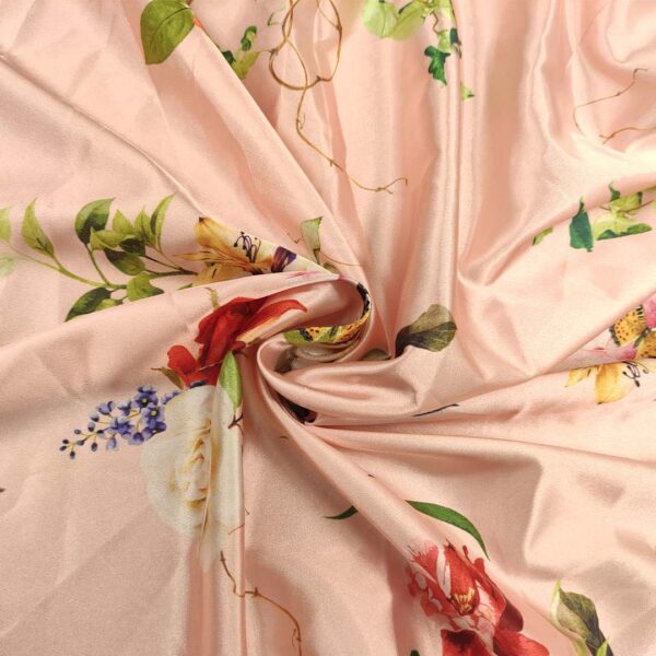 Tessuto Satin a fantasia motivo floreale rosa - rosso - verde