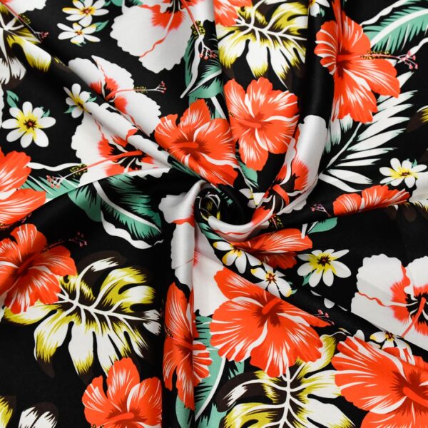 Tessuto Satin a fantasia motivo floreale rosso - nero - verde - bianco