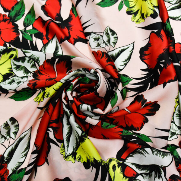 Tessuto Satin a fantasia motivo floreale rosso - rosa - giallo