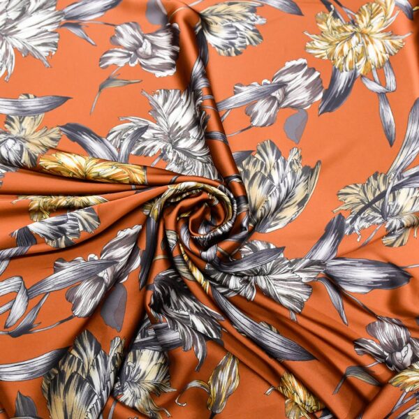 Tessuto Satin a fantasia motivo floreale ruggine - grigio - giallo