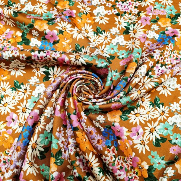 Tessuto Satin a fantasia motivo floreale tabacco - fucsia - verde