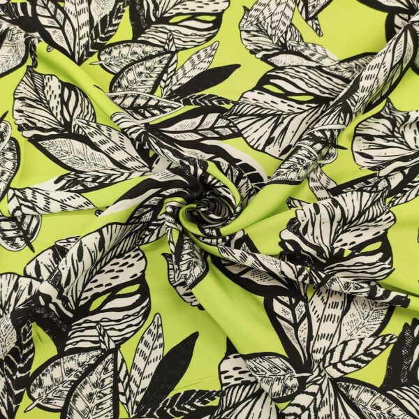 Tessuto Satin a fantasia motivo floreale verde acido - nero - bianco