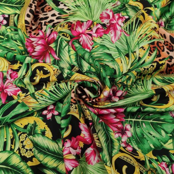 Tessuto Satin a fantasia motivo floreale verde - fucsia - giallo