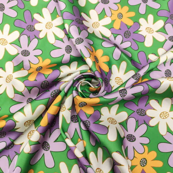 Tessuto Satin a fantasia motivo floreale verde - lilla - viola