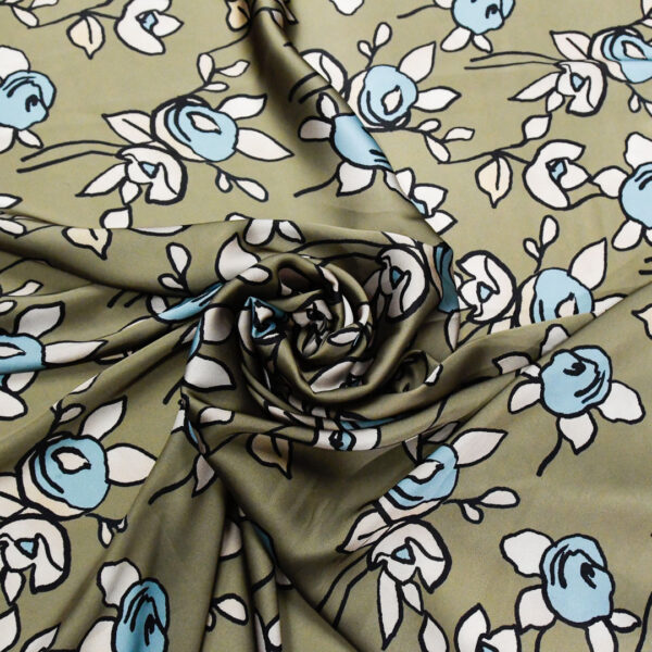 Tessuto Satin a fantasia motivo floreale verde militare - verde salvia