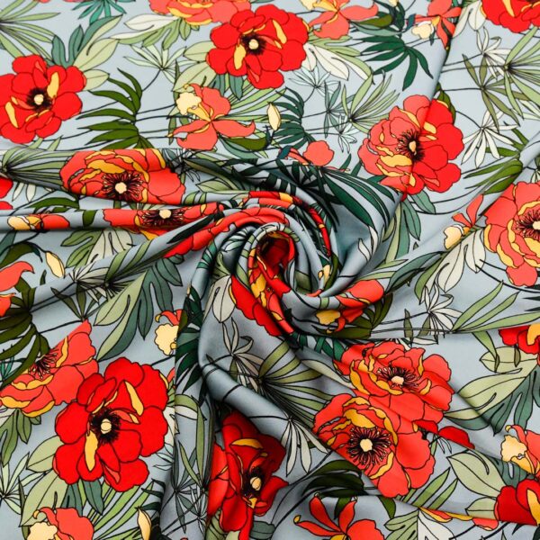 Tessuto Satin a fantasia motivo floreale verde - rosso