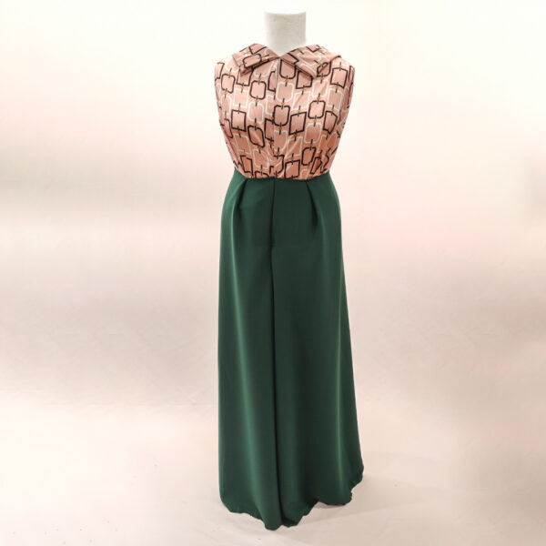 Tessuto Satin a fantasia motivo geometrico rosa - ocra - verde bottiglia