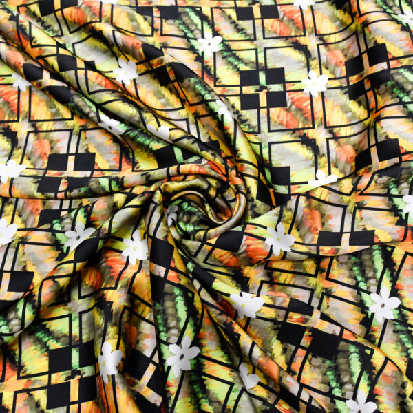 Tessuto Satin a fantasia motivo geometrico giallo - verde - nero