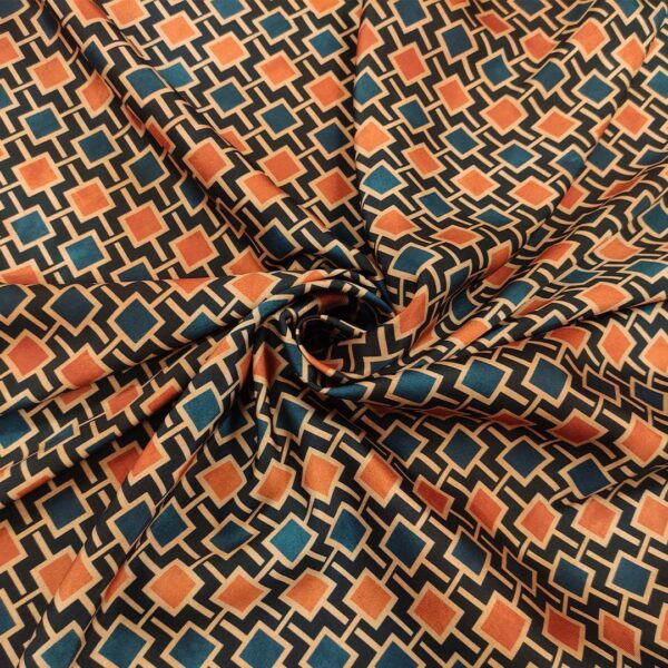 Tessuto Satin a fantasia motivo geometrico ruggine - ottanio - bronzo