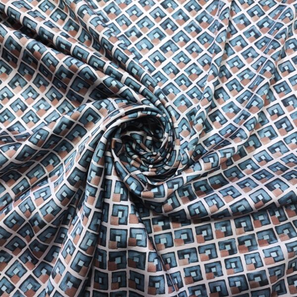 Tessuto Satin a fantasia motivo geometrico verde petrolio - beige - cuoio