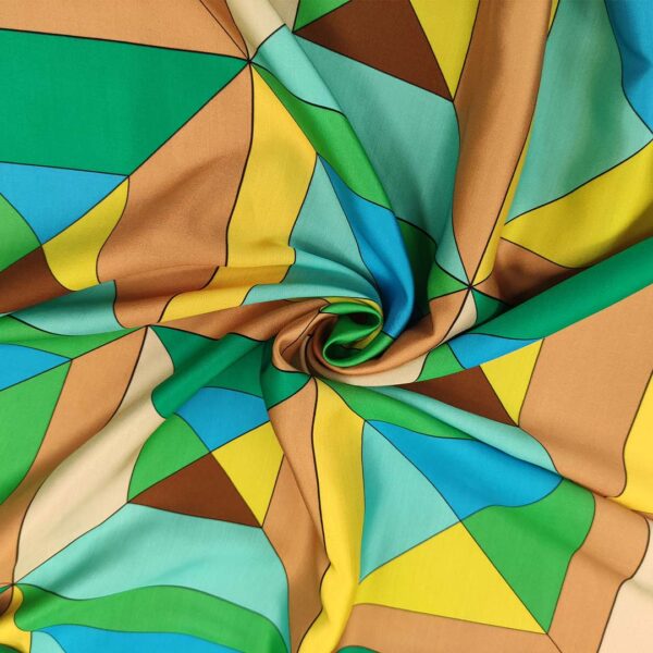Tessuto Satin a fantasia motivo geometrico verde prato - giallo - turchese