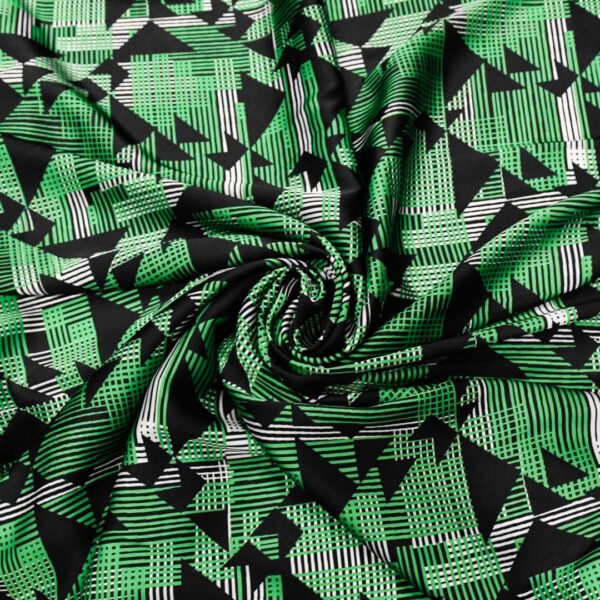 Tessuto Satin a fantasia motivo geometrico verde prato - nero