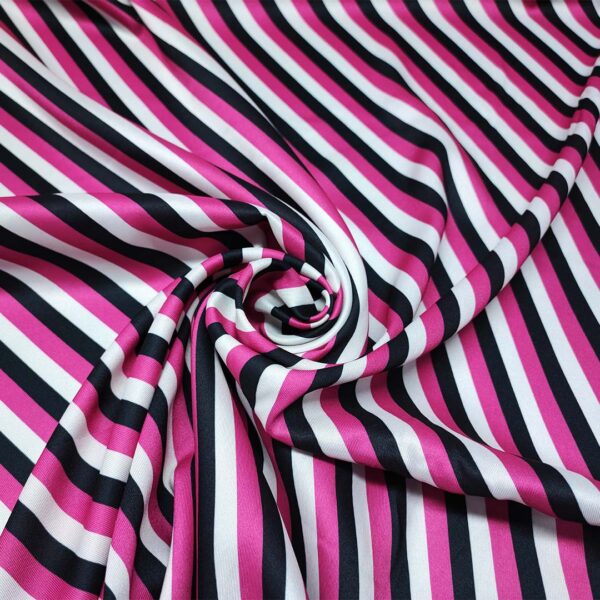 Tessuto Satin a fantasia motivo rigato nero - bianco - fucsia