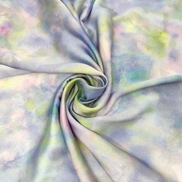 Tessuto Satin a fantasia motivo sfumato verdino - lilla - rosa - celeste