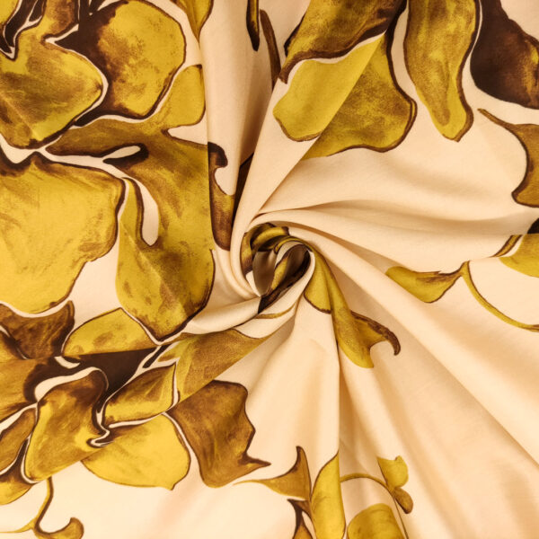 Tessuto Satin di Viscosa a fantasia motivo floreale verde acido - beige