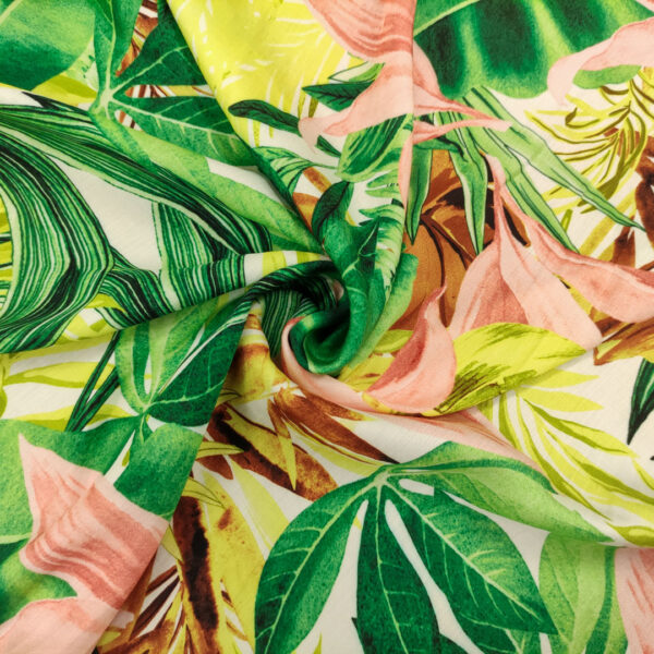 Tessuto Satin di Viscosa a fantasia motivo floreale verde - rosa - lime
