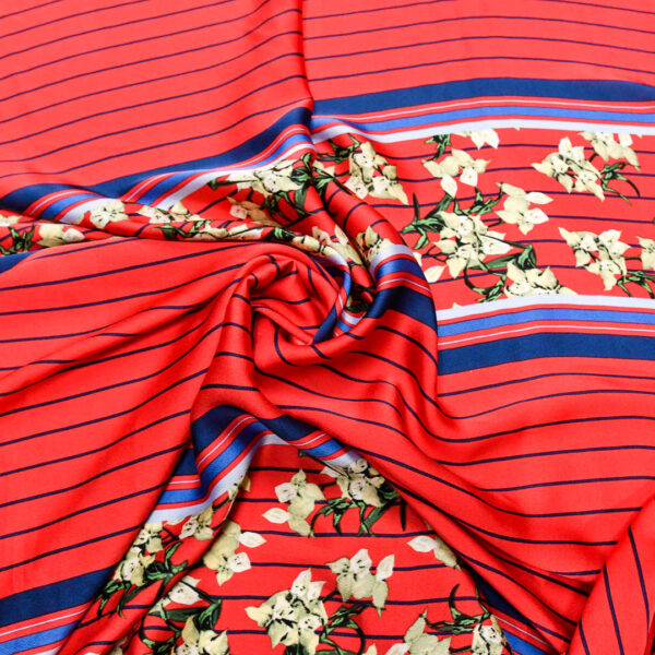 Tessuto Satin a fantasia motivo astratto ciliegia - blu - beige