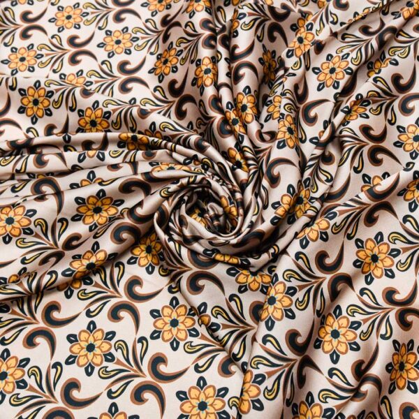 Tessuto Satin a fantasia motivo astratto nero - tabacco