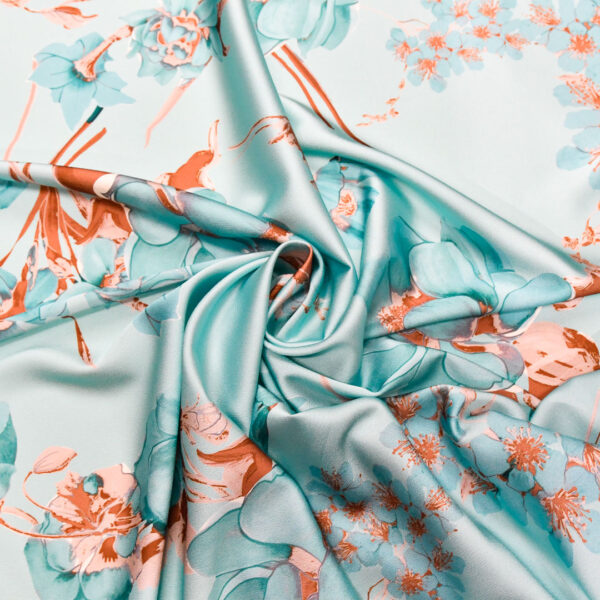 Tessuto Satin a fantasia motivo acquamarina - tabacco