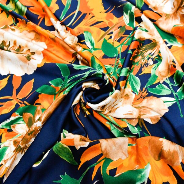 Tessuto Satin a fantasia motivo floreale blu - arancione - beige
