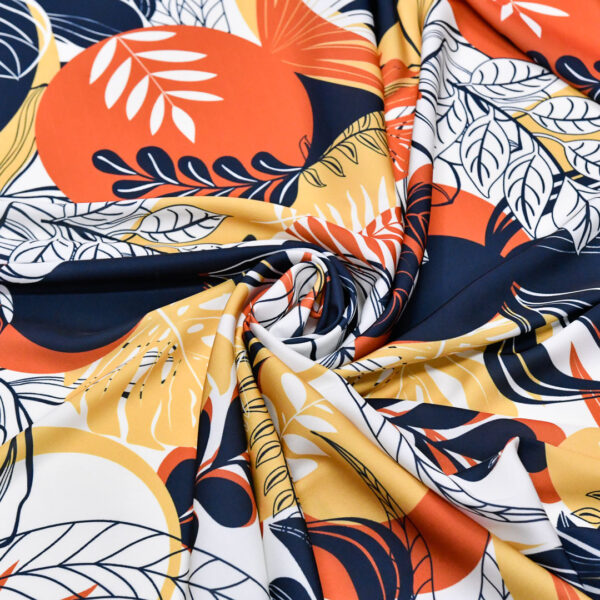 Tessuto Satin a fantasia motivo floreale blu - bianco - arancione