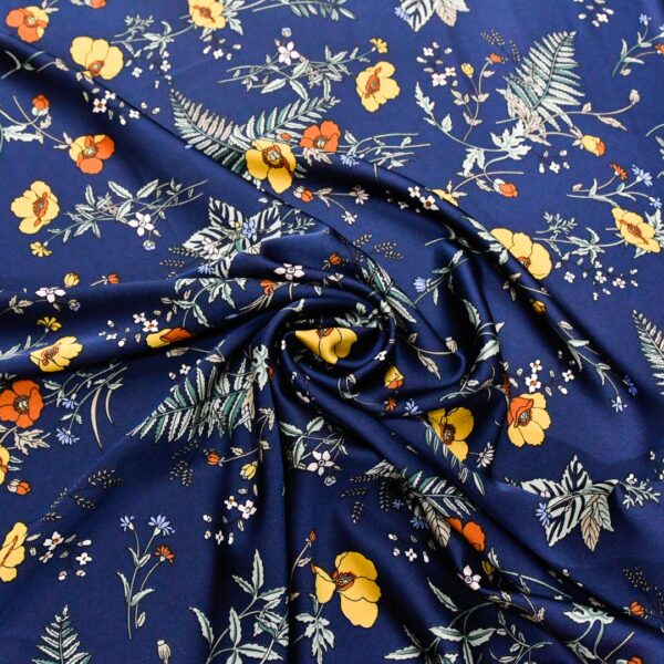 Tessuto Satin a fantasia motivo floreale blu - giallo - verde