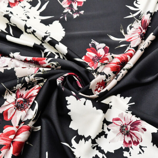Tessuto Satin a fantasia motivo floreale nero - bordeaux