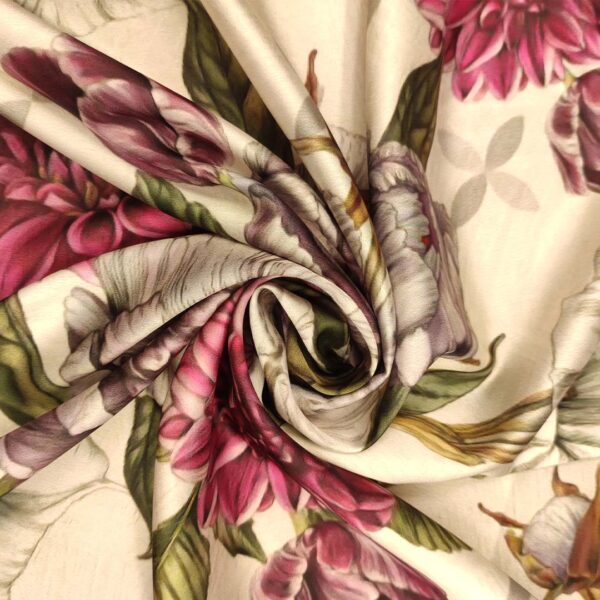 Tessuto Satin elasticizzato a fantasia motivo floreale panna - glicine - orchidea - verde