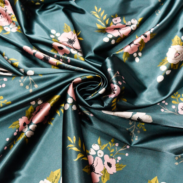 Tessuto Satin a fantasia motivo floreale verde petrolio - rosa