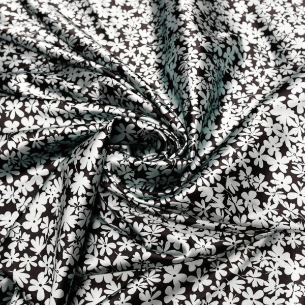 Tessuto Satin a fantasia motivo floreale nero - verde salvia