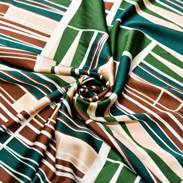 Tessuto Satin a fantasia motivo geometrico verde - beige - tabacco