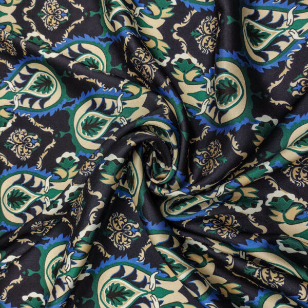 Tessuto Satin a fantasia motivo floreale cashmere blu - verde bottiglia