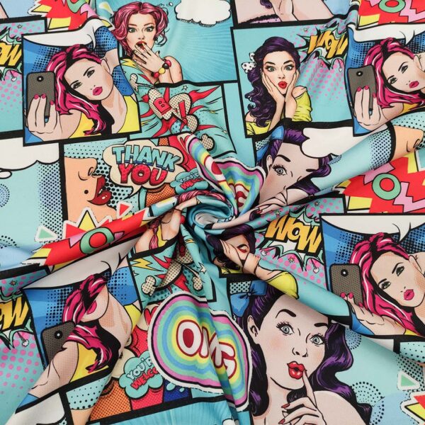 Tessuto Scuba Crepe a fantasia motivo astratto turchese - fucsia - giallo - rosso