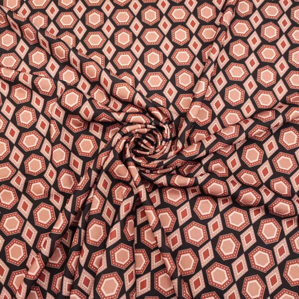 Tessuto Scuba Crepe a fantasia motivo geometrico cammello - nero - coccio