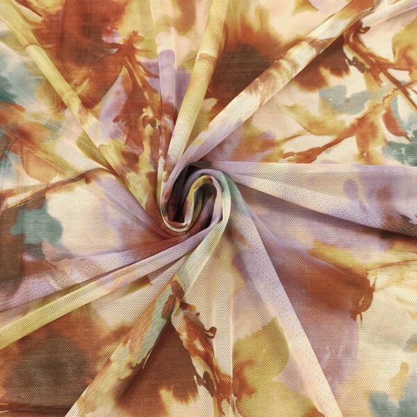 Tessuto tulle elasticizzato a fantasia motivo astratto lilla - verde - petrolio